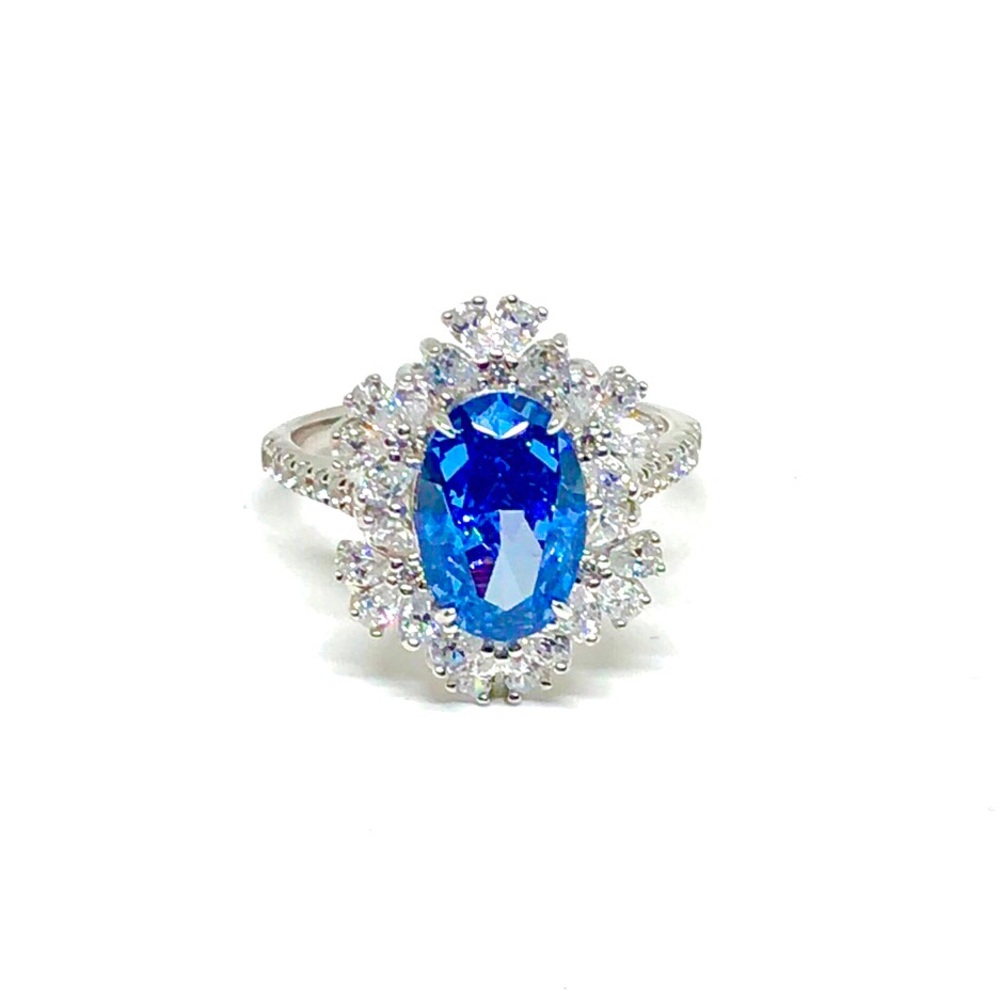 14K White Gold 4 1/2Ct Blue Oval Cut Cubic Zirconia Flower Cocktail Ring